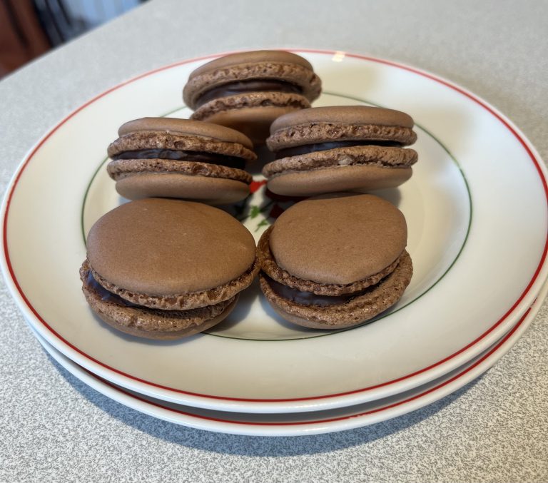 macarons au chocolat lisses sur deux assiettes a dessert