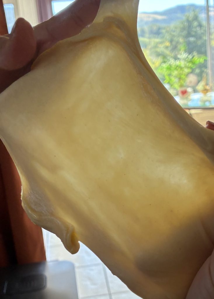 test de la fenêtre pour pate à brioche. pate étirée entre deux mains